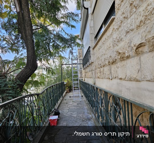 תריסים סגורים על קיר אבן לצד סולם